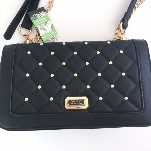 Badgley Mischka Crossbody Purse Bag Black Quilted Gold Studs Chain Faux Leather - Picture 3 of 10